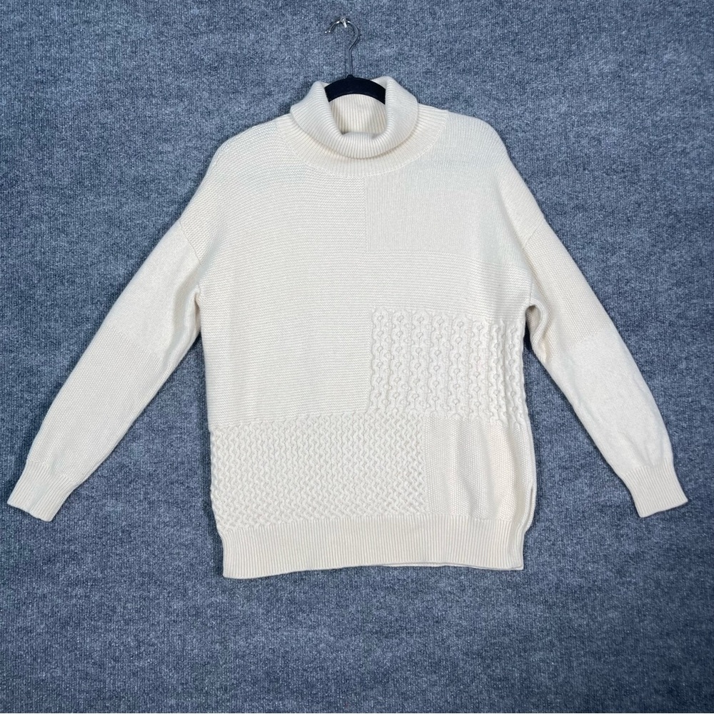 Nordstrom Womens Medium 100% Cashmere Ivory Knit 3D Patchwork Turtleneck Sweater